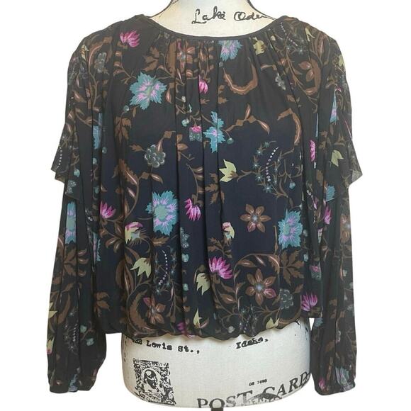 FREE PEOPLE BLOUSON WILDFLOWER HONEY SZ XS RUCHING RUFFLING SLEEVES AESTHETIC - Picture 15 of 16